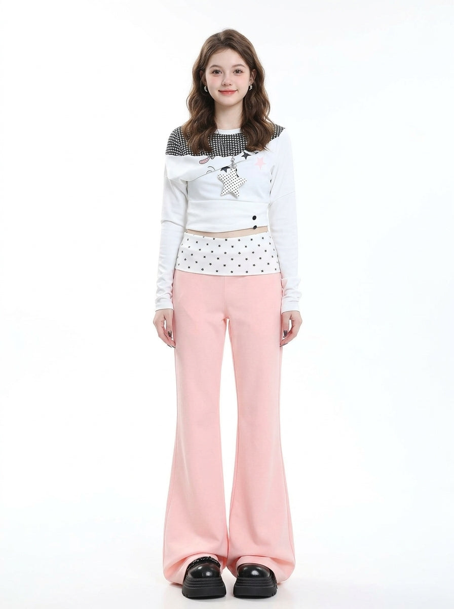 Star Pocket Polka Dot Waist Flare Pants (Pink), view 4
