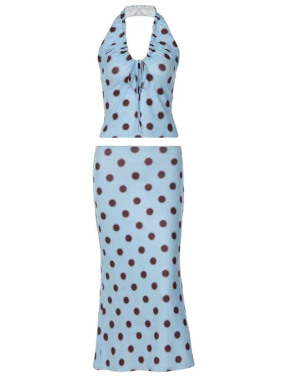 Baby Blue Polka Dot Halter Top & Maxi Skirt Set, view 3