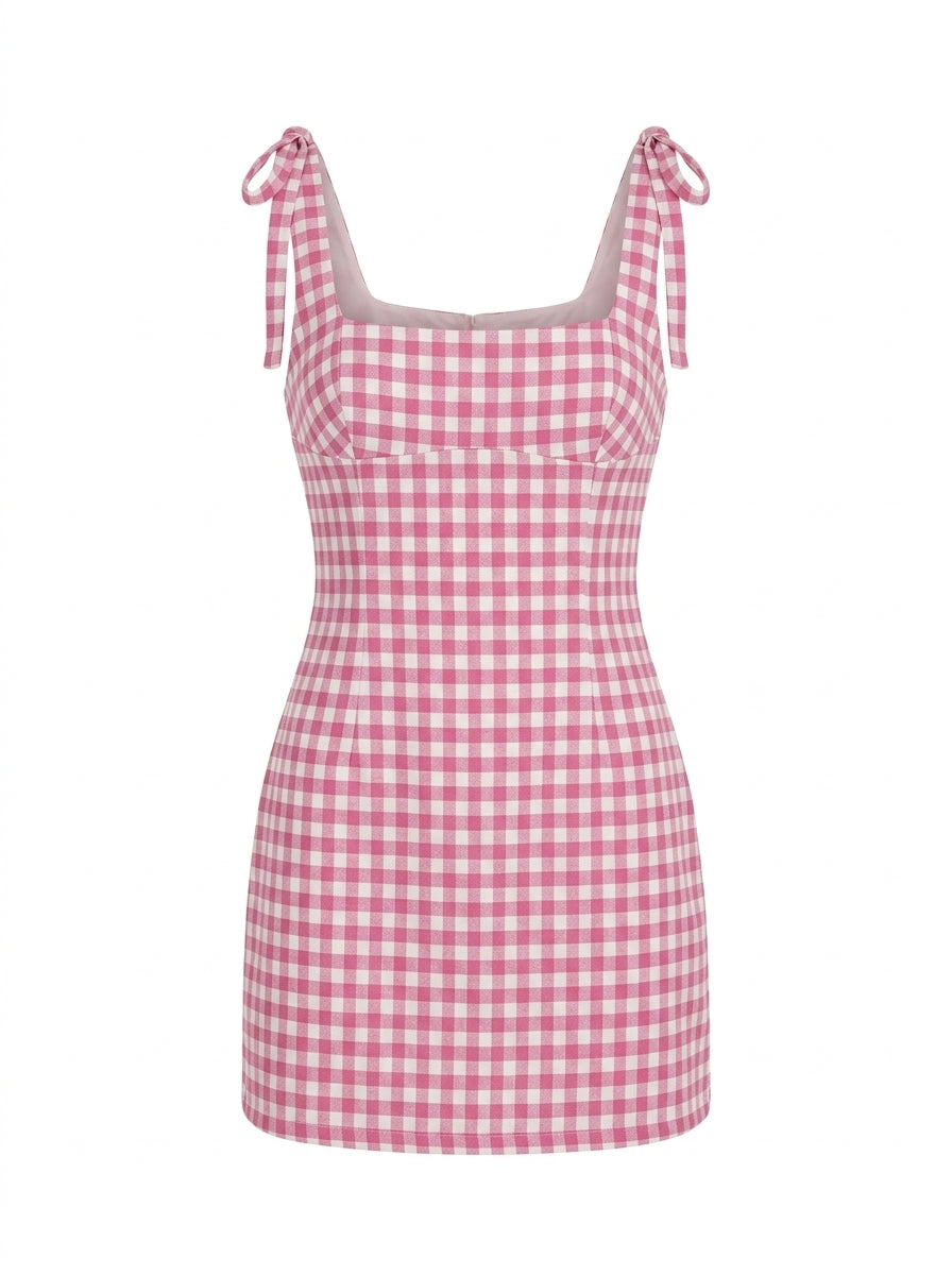Pink Gingham Tie-Strap Mini Dress