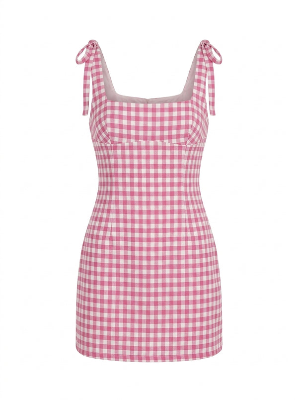 Pink Gingham Tie-Strap Mini Dress