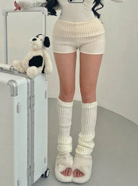 Ribbed Knit Fold-Over Shorts (Cream), view 3