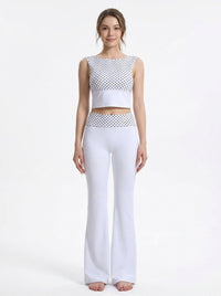 Polka Dot Fold-Over Waist Flare Pants (White), view 4