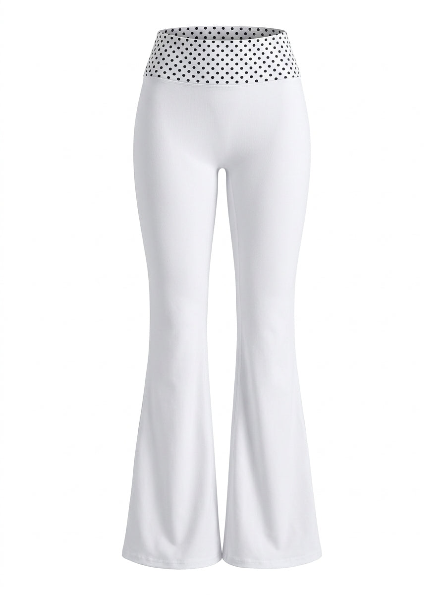 Polka Dot Fold-Over Waist Flare Pants (White)
