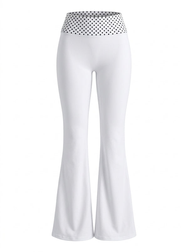 Polka Dot Fold-Over Waist Flare Pants (White)