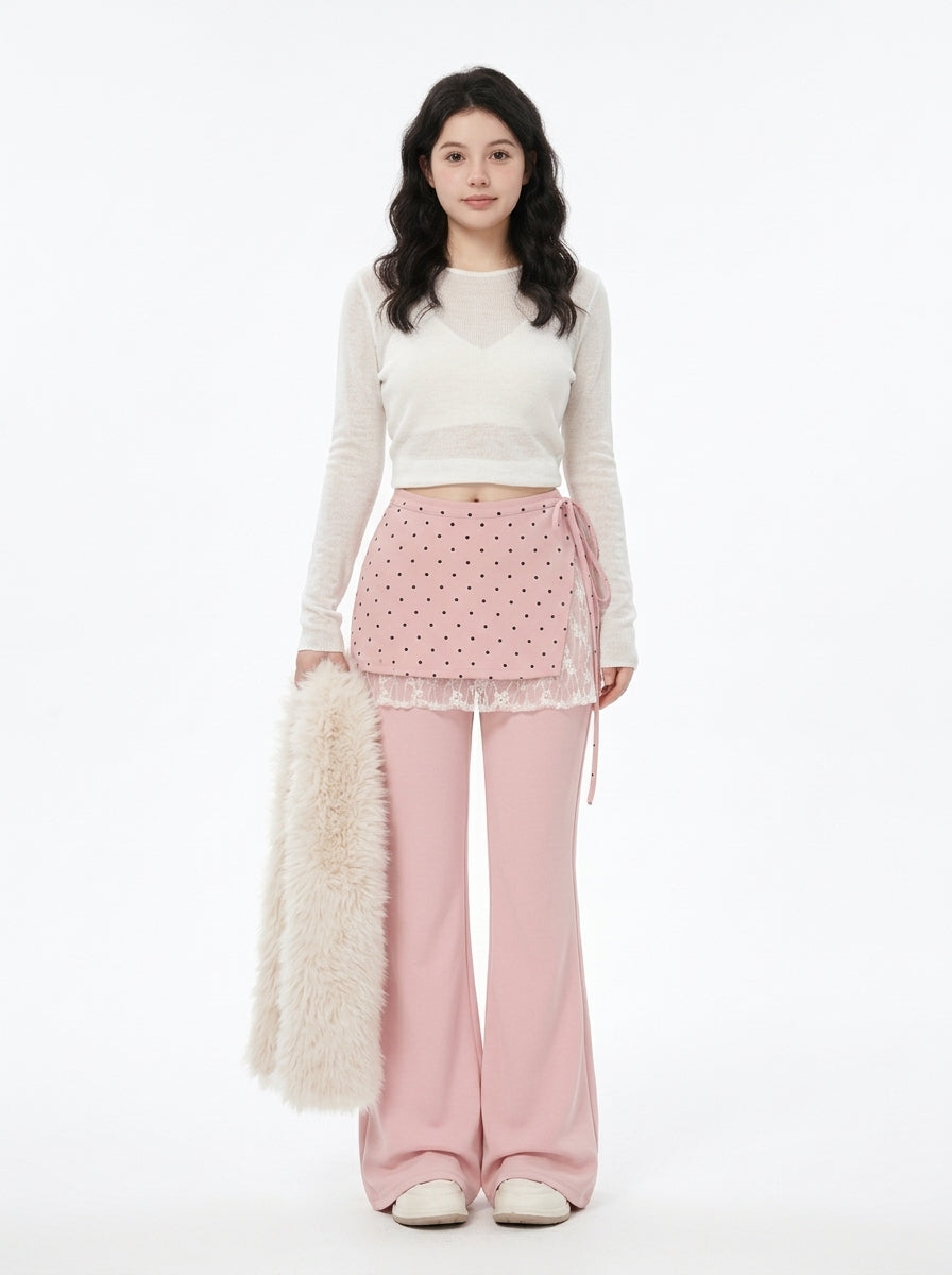 Pink Flare Pants with Polka Dot Lace-Trim Wrap Skirt, view 2