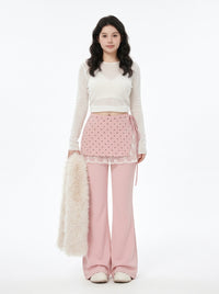Pink Flare Pants with Polka Dot Lace-Trim Wrap Skirt, view 2