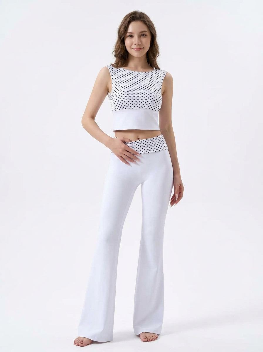 Polka Dot Fold-Over Waist Flare Pants (White), view 3
