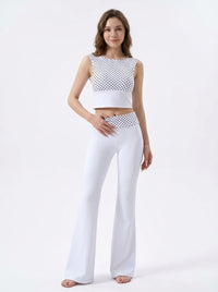 Polka Dot Fold-Over Waist Flare Pants (White), view 3