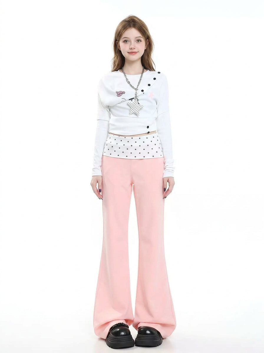 Star Pocket Polka Dot Waist Flare Pants (Pink), view 2
