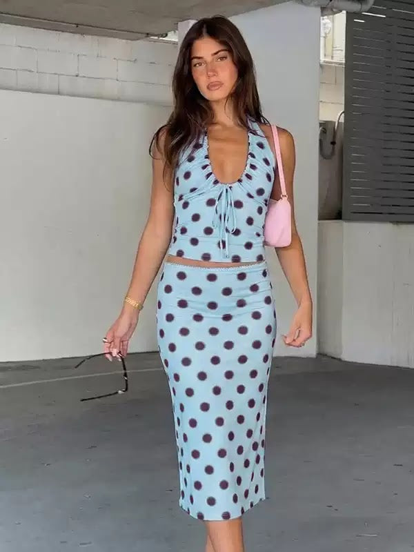 Baby Blue Polka Dot Halter Top & Maxi Skirt Set, view 5