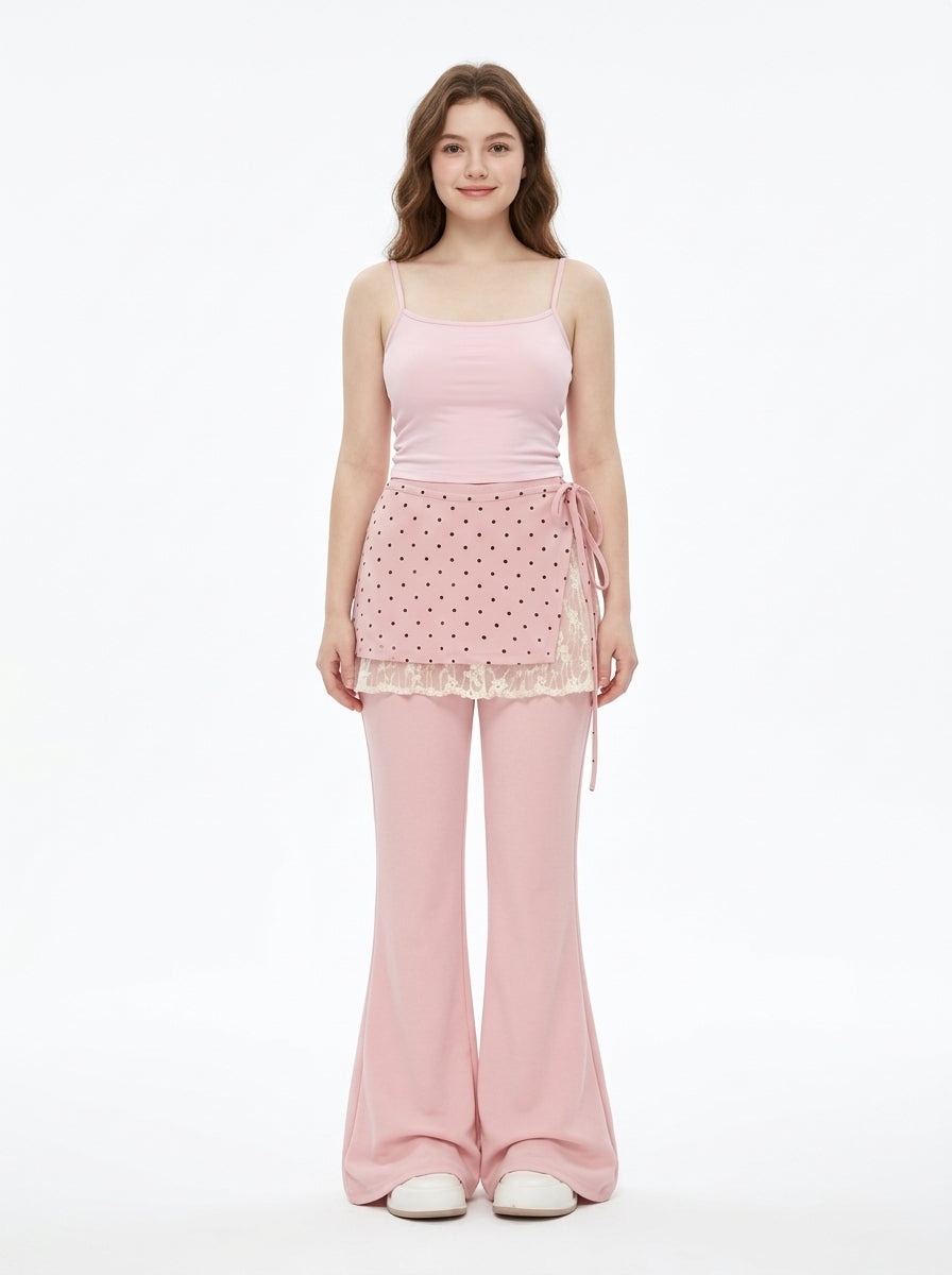 Pink Flare Pants with Polka Dot Lace-Trim Wrap Skirt, view 3
