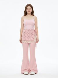 Pink Flare Pants with Polka Dot Lace-Trim Wrap Skirt, view 3