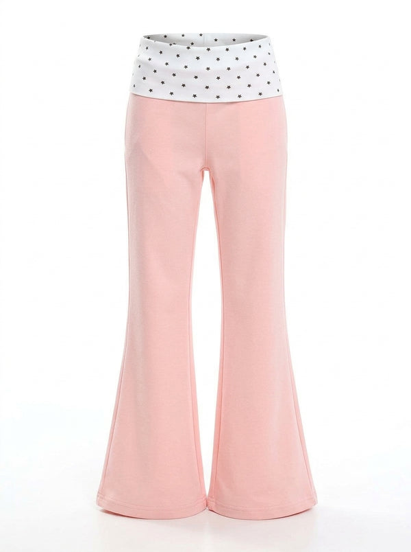 Star Pocket Polka Dot Waist Flare Pants (Pink)