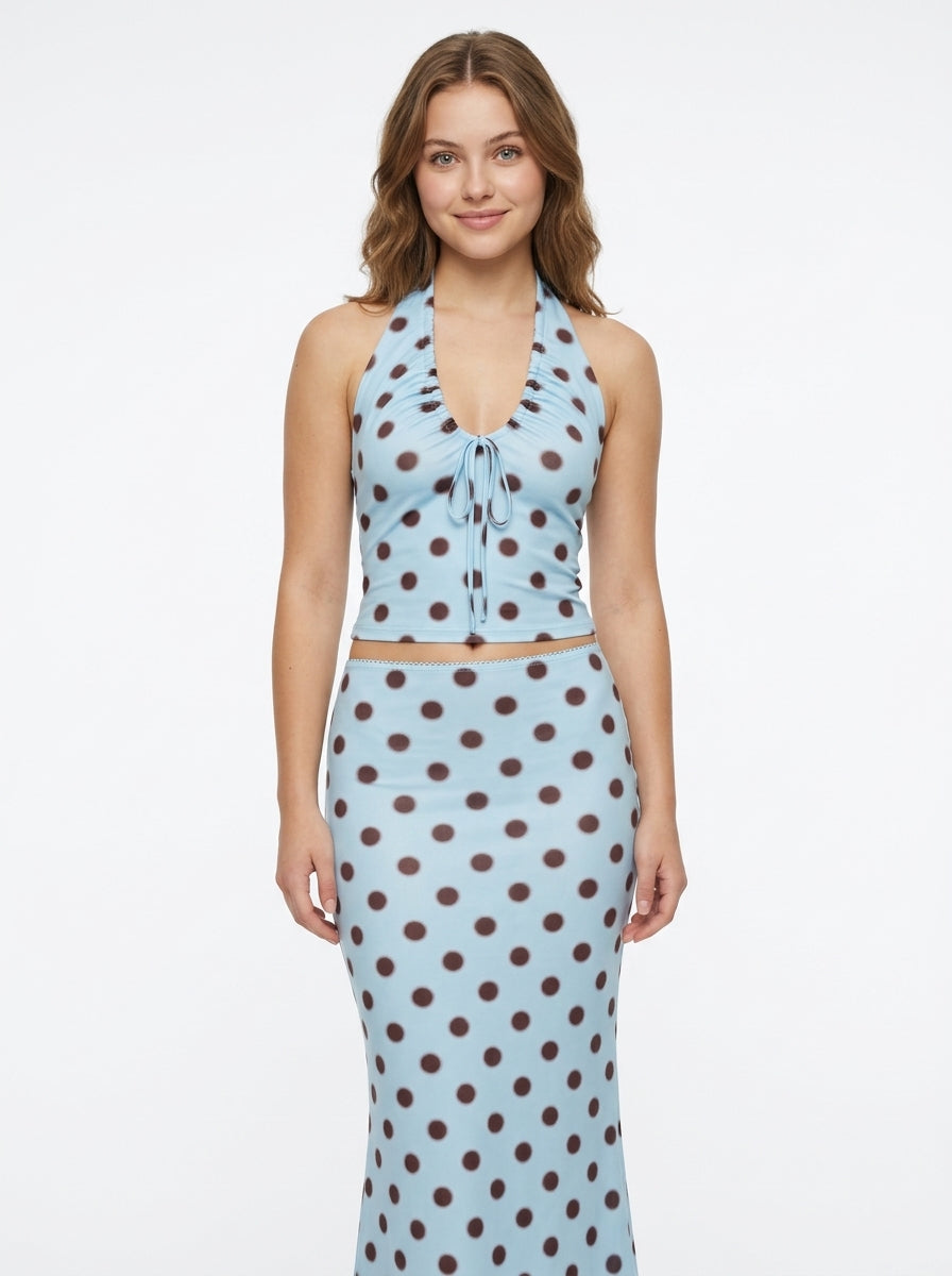 Baby Blue Polka Dot Halter Top & Maxi Skirt Set