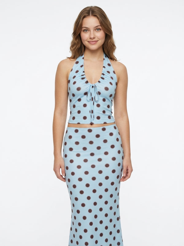 Baby Blue Polka Dot Halter Top & Maxi Skirt Set