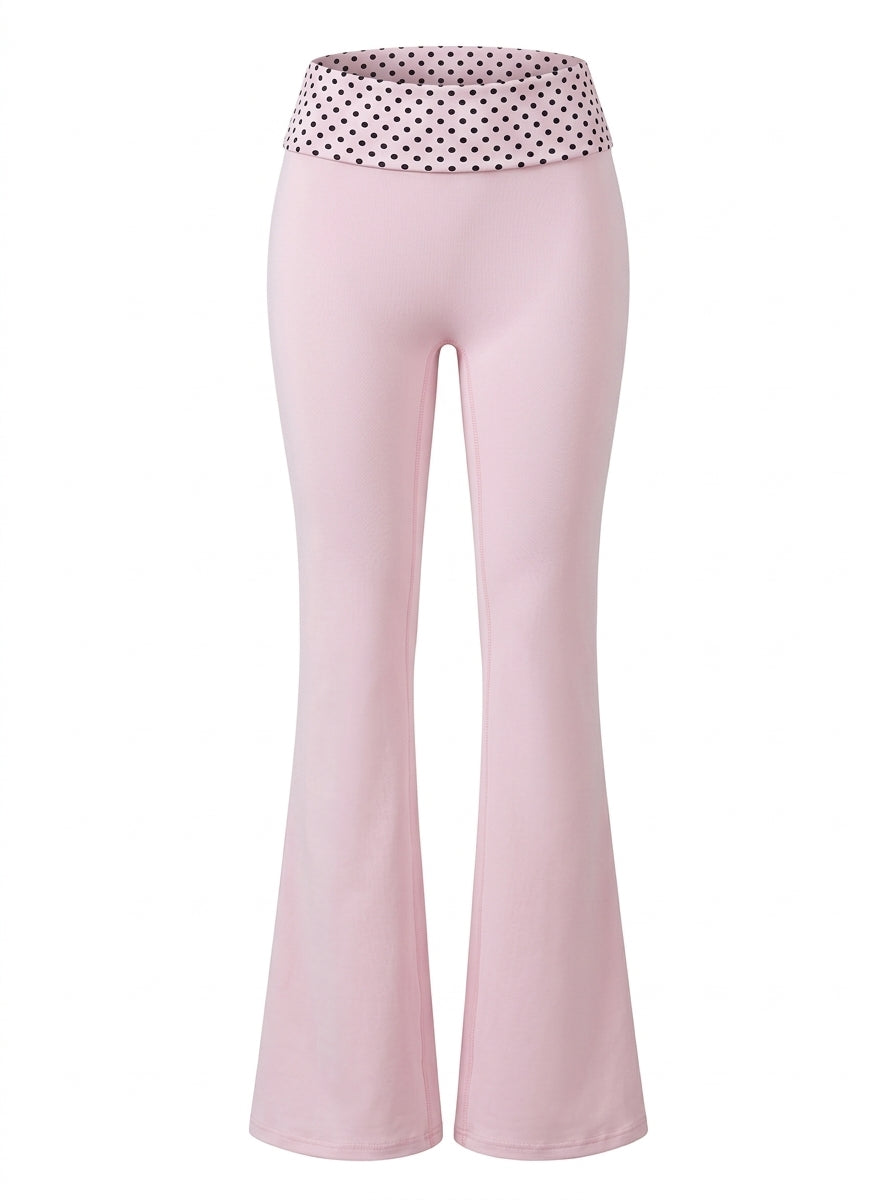 Polka Dot Fold-Over Waist Flare Pants (Pink)
