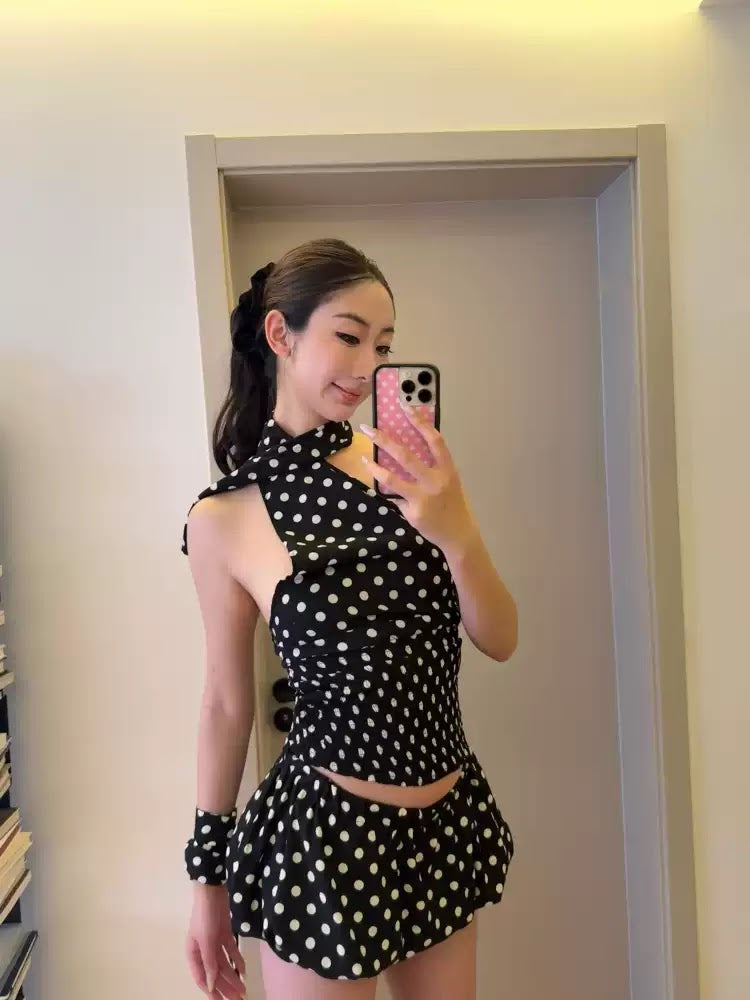 Black Polka Dot Scarf Halter Top & Bubble Skirt Set, view 5