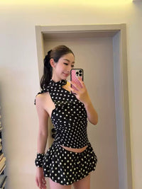 Black Polka Dot Scarf Halter Top & Bubble Skirt Set, view 5