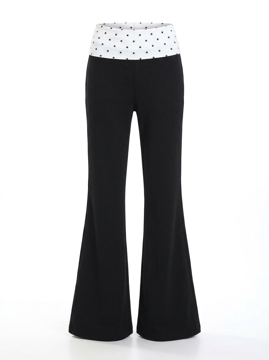 Star Pocket Polka Dot Waist Flare Pants (Black)