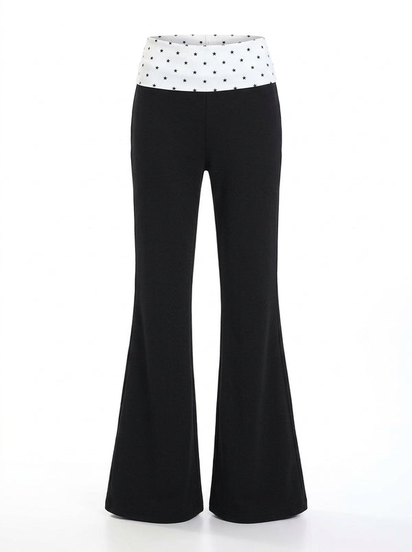 Star Pocket Polka Dot Waist Flare Pants (Black)