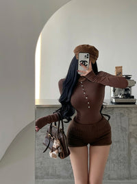 Ribbed Knit Fold-Over Shorts (Brown), view 3