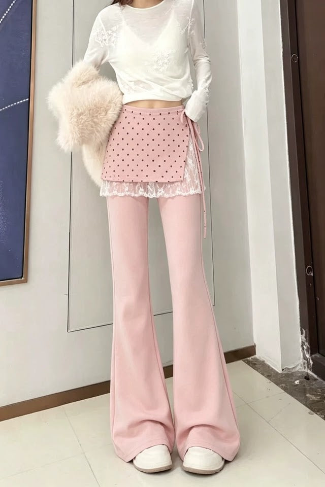 Pink Flare Pants with Polka Dot Lace-Trim Wrap Skirt, view 4