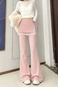 Pink Flare Pants with Polka Dot Lace-Trim Wrap Skirt, view 4