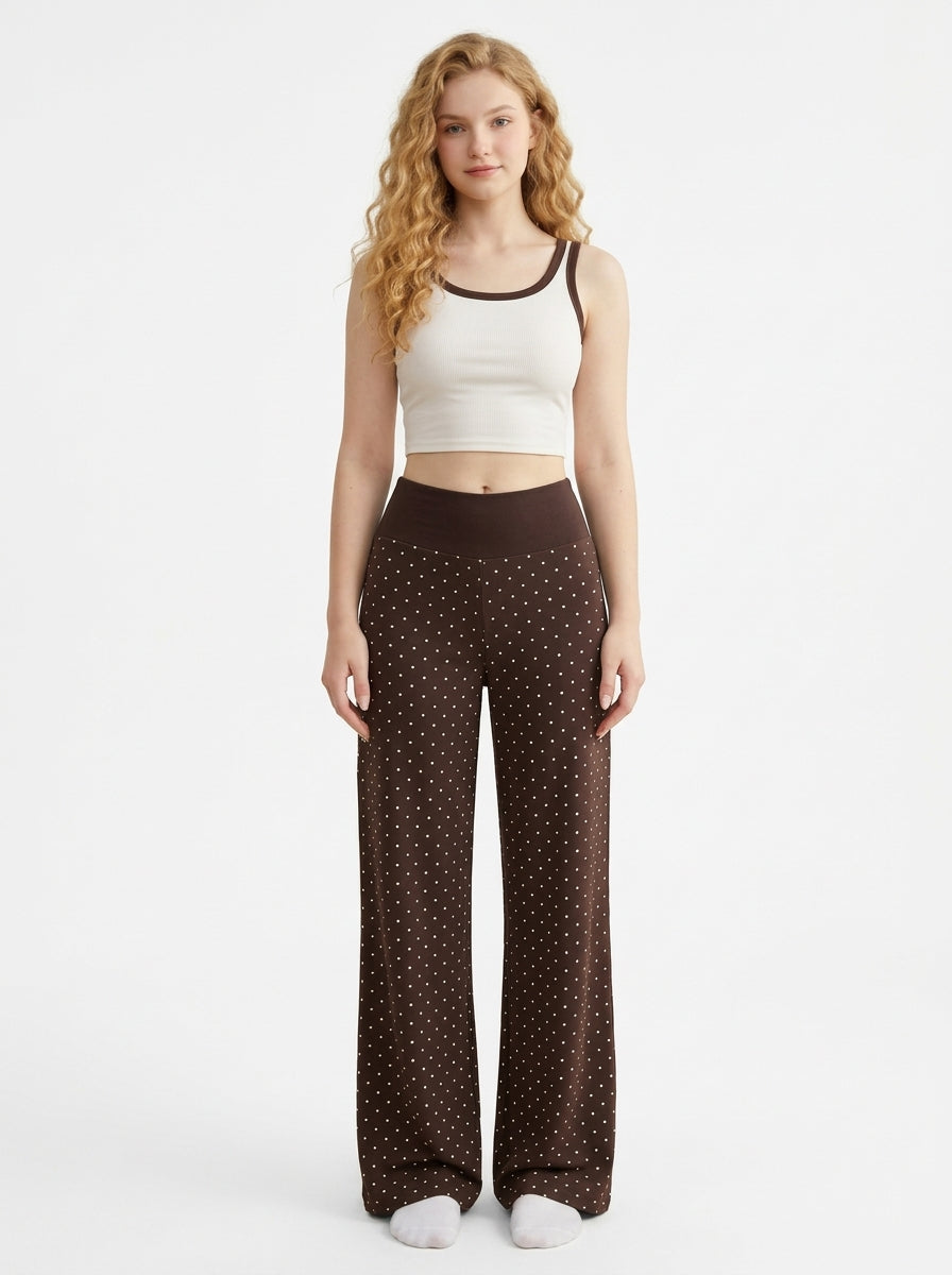 Chocolate Polka Dot Fold-Over Flare Pants, view 2