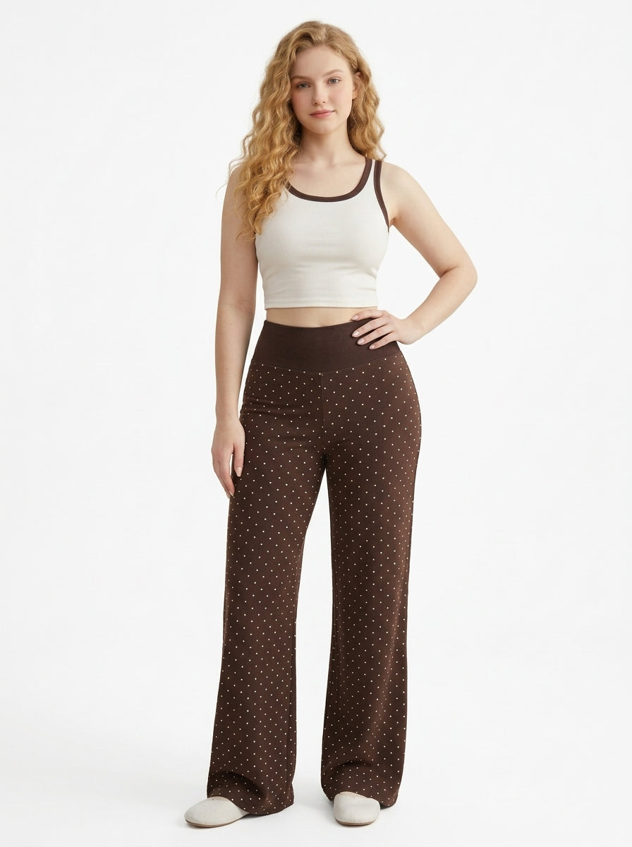 Chocolate Polka Dot Fold-Over Flare Pants, view 3