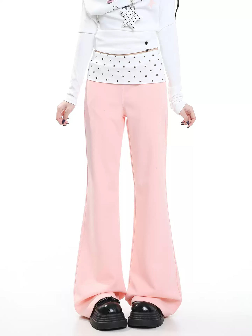 Star Pocket Polka Dot Waist Flare Pants (Pink), view 5