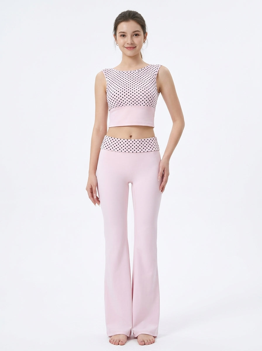 Polka Dot Fold-Over Waist Flare Pants (Pink), view 3