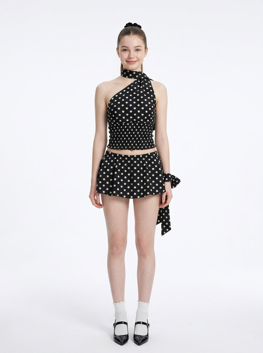 Black Polka Dot Scarf Halter Top & Bubble Skirt Set, view 2