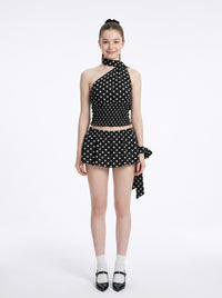 Black Polka Dot Scarf Halter Top & Bubble Skirt Set, view 2