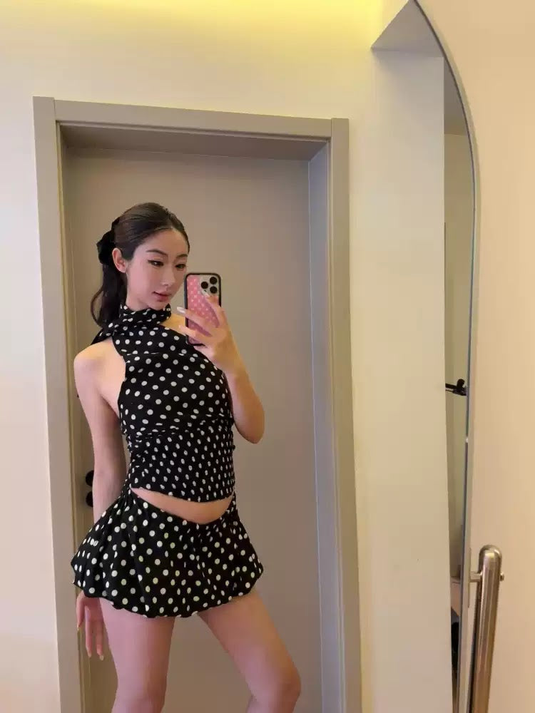 Black Polka Dot Scarf Halter Top & Bubble Skirt Set, view 6