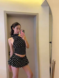 Black Polka Dot Scarf Halter Top & Bubble Skirt Set, view 6