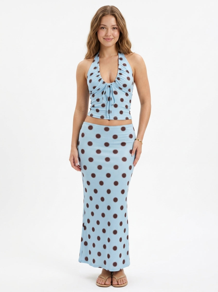 Baby Blue Polka Dot Halter Top & Maxi Skirt Set, view 2