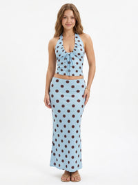 Baby Blue Polka Dot Halter Top & Maxi Skirt Set, view 2