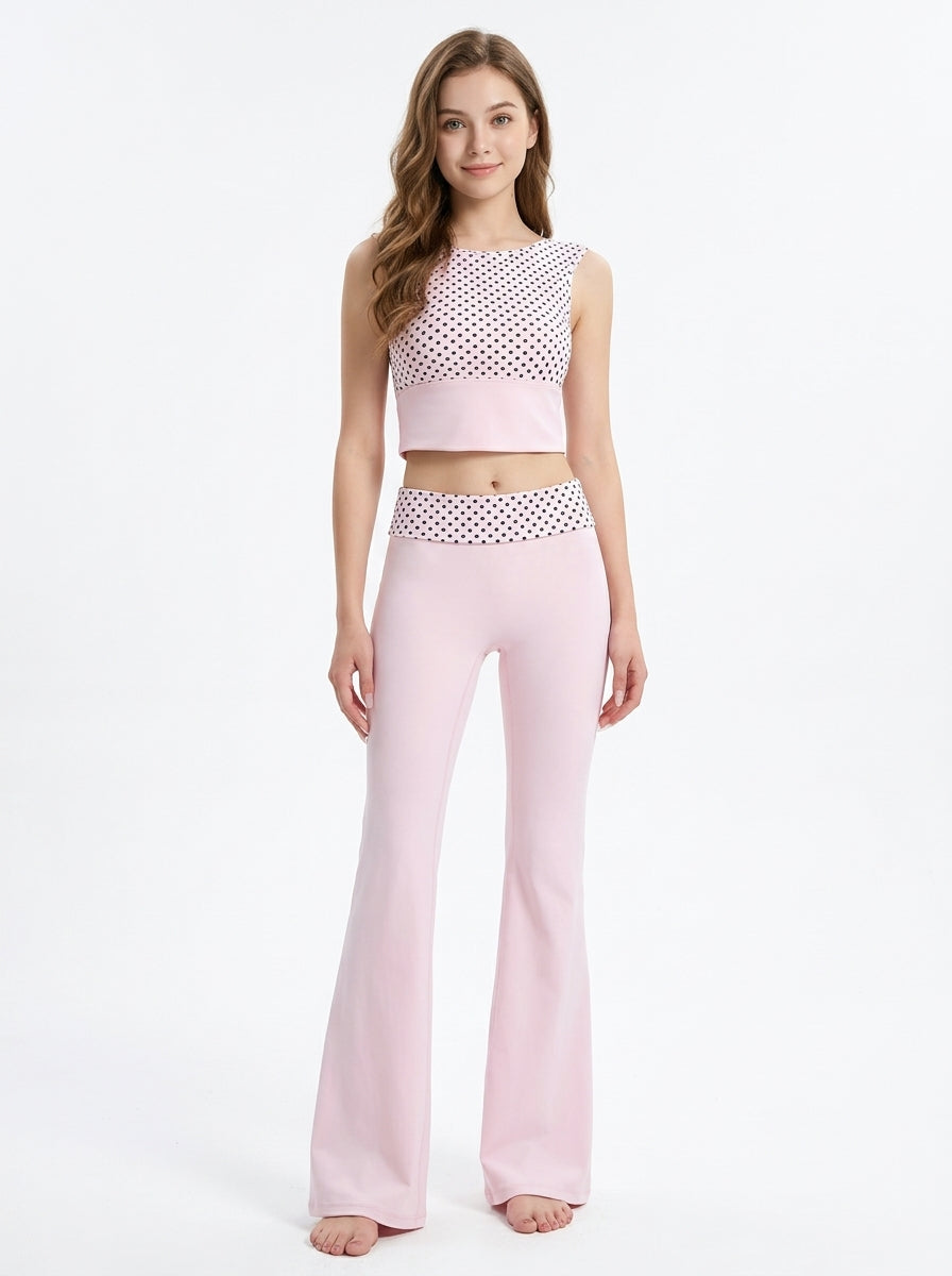 Polka Dot Fold-Over Waist Flare Pants (Pink), view 2