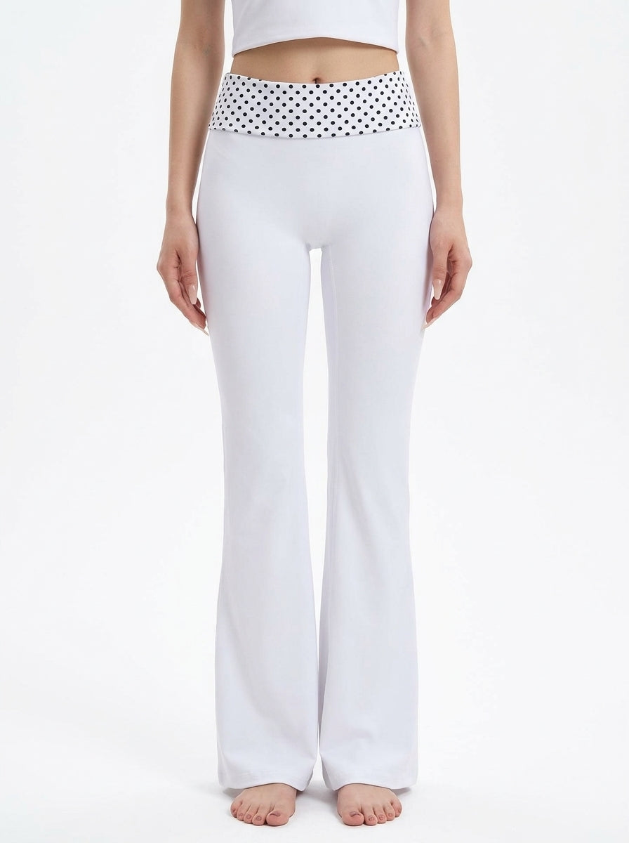 Polka Dot Fold-Over Waist Flare Pants (White), view 2