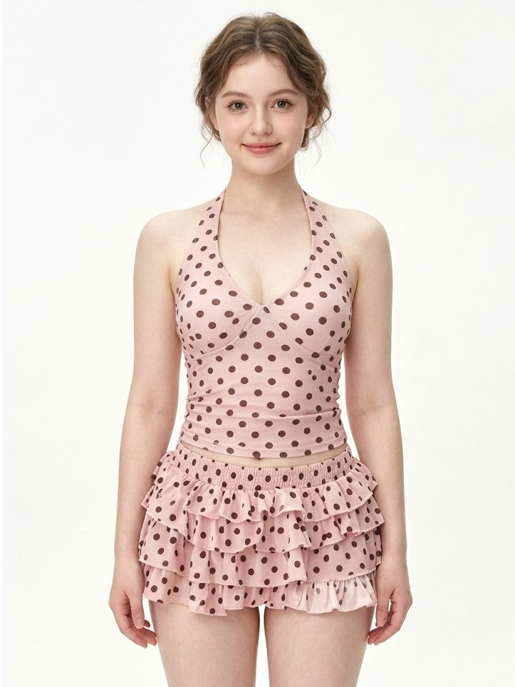 Pink Polka Dot Halter Top & Ruffle Skirt Set