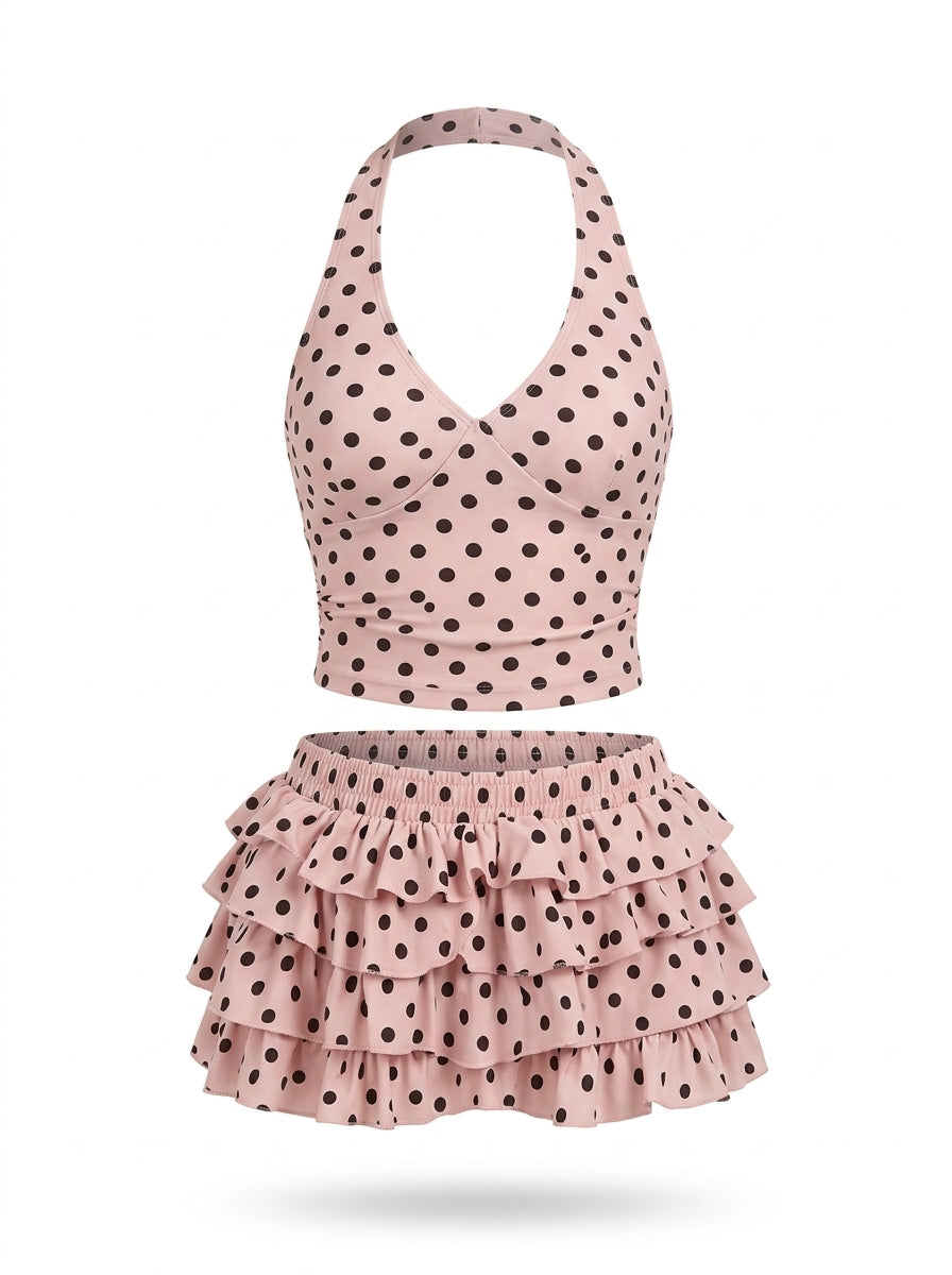 Pink Polka Dot Halter Top & Ruffle Skirt Set, view 4