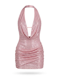 Pink Sequin Cowl Neck Halter Mini Dress