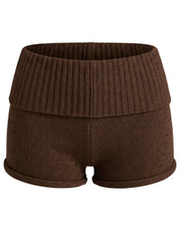 Ribbed Knit Fold-Over Shorts (Brown)