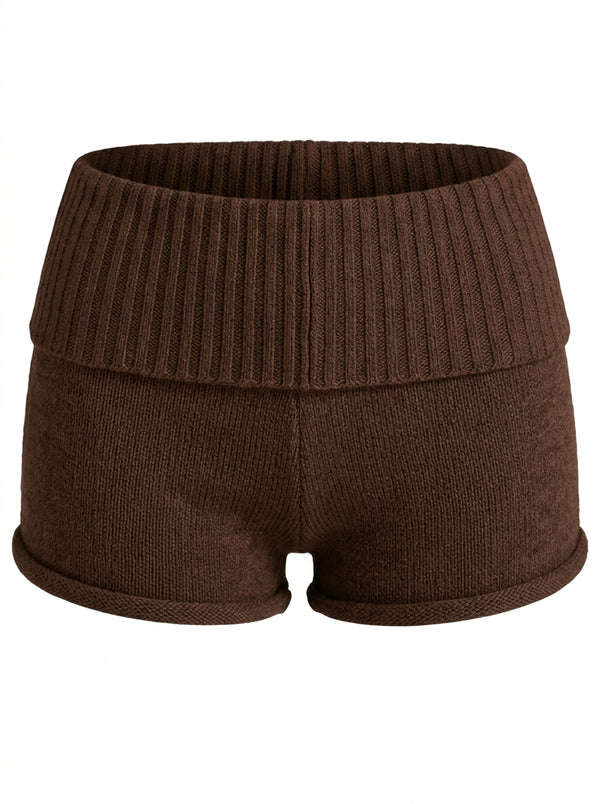 Ribbed Knit Fold-Over Shorts (Brown)
