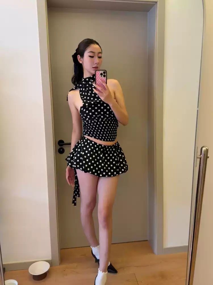 Black Polka Dot Scarf Halter Top & Bubble Skirt Set, view 7