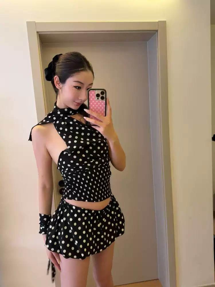 Black Polka Dot Scarf Halter Top & Bubble Skirt Set, view 4