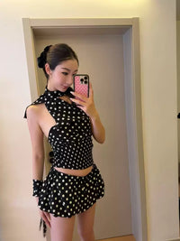Black Polka Dot Scarf Halter Top & Bubble Skirt Set, view 4