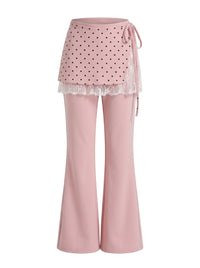 Pink Flare Pants with Polka Dot Lace-Trim Wrap Skirt