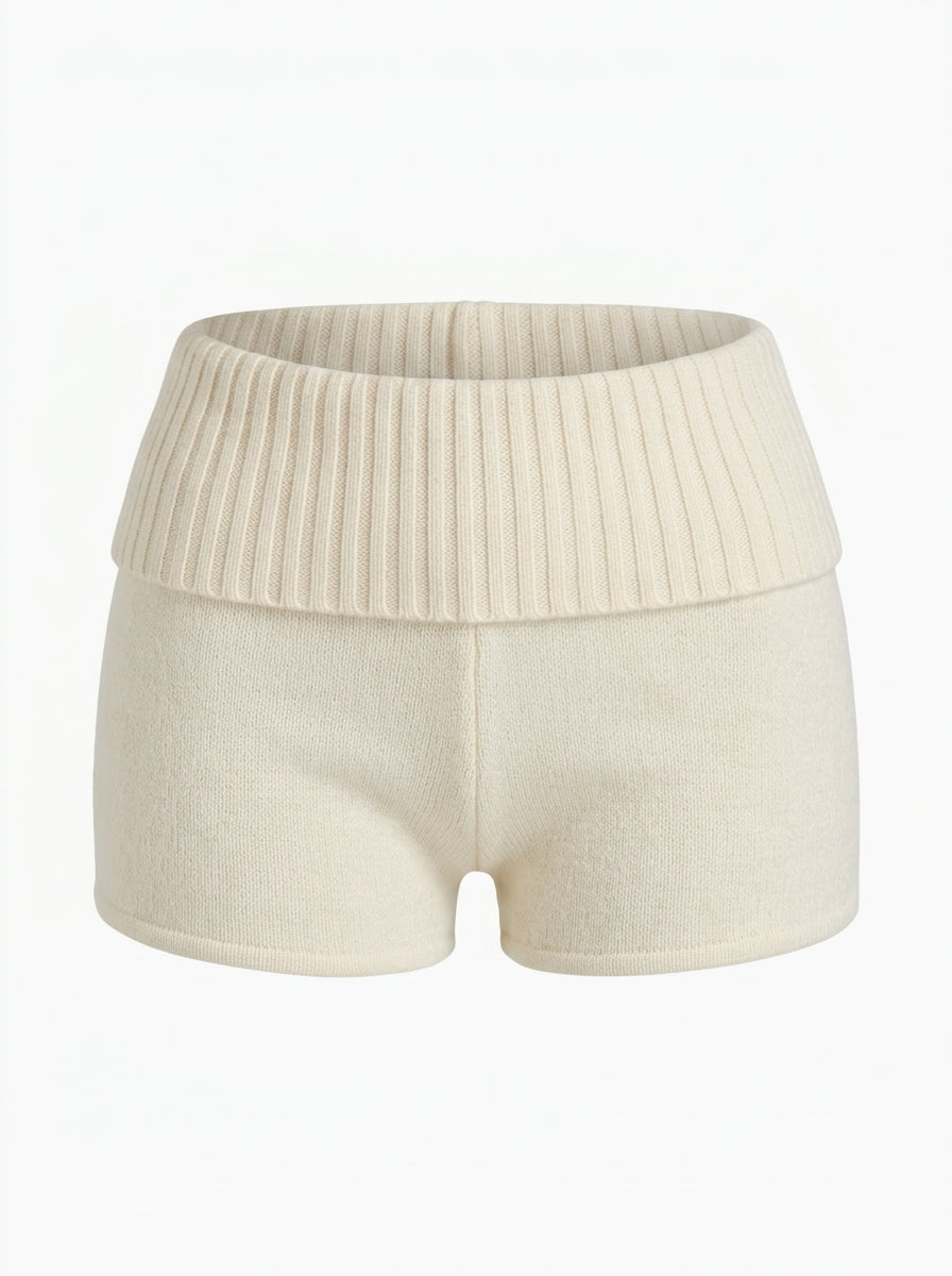 Ribbed Knit Fold-Over Shorts (Cream)