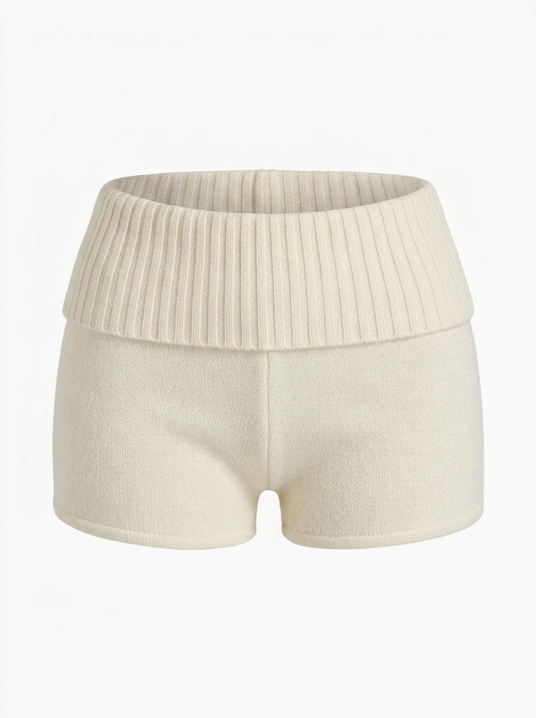 Ribbed Knit Fold-Over Shorts (Cream)